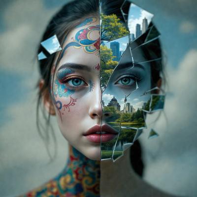 The primary subject of the image is a woman with a unique and artistic appearance. She has a tattooed face and is wearing a colorful design on her face. The setting is a cityscape, with a large cityscape in the background. The visual style of the image is a combination of photo and digital art, creating a striking and eye-catching portrait. The colors and mood of the image are vibrant and lively, with the woman's face and the cityscape creating a sense